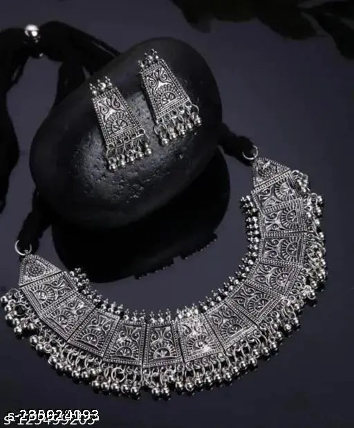 Tehzeeb Creations Women's German Silver Oxidised Necklace And Earrings Set