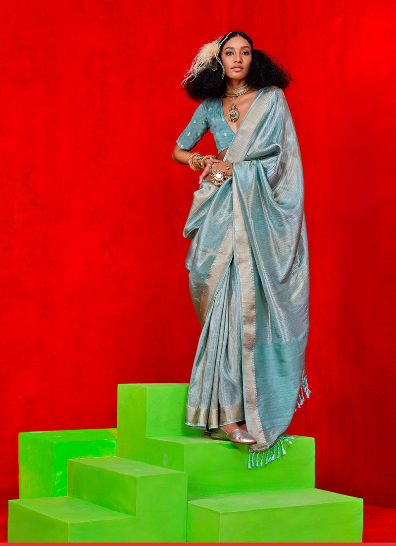 Monjolika Fashion Light Blue Weaving Tissue Zari Classic Saree