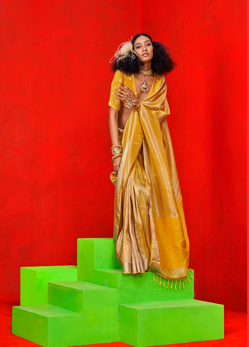 Monjolika Fashion Mustard Weaving Tissue Zari Classic Saree
