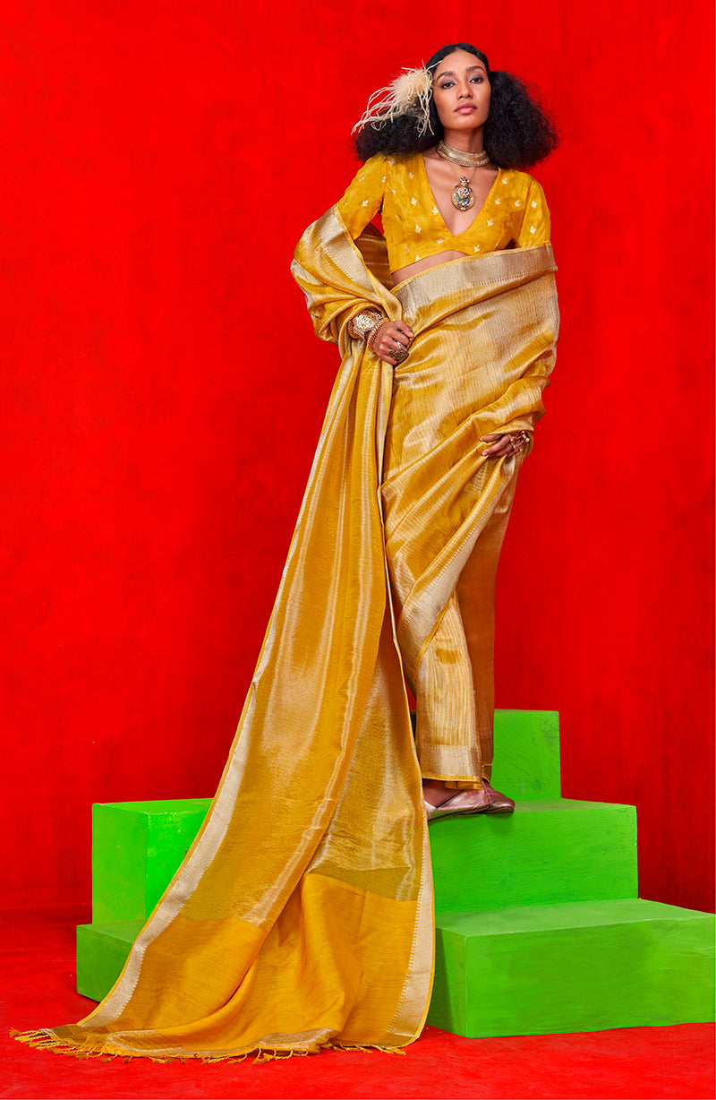 Monjolika Fashion Mustard Weaving Tissue Zari Classic Saree