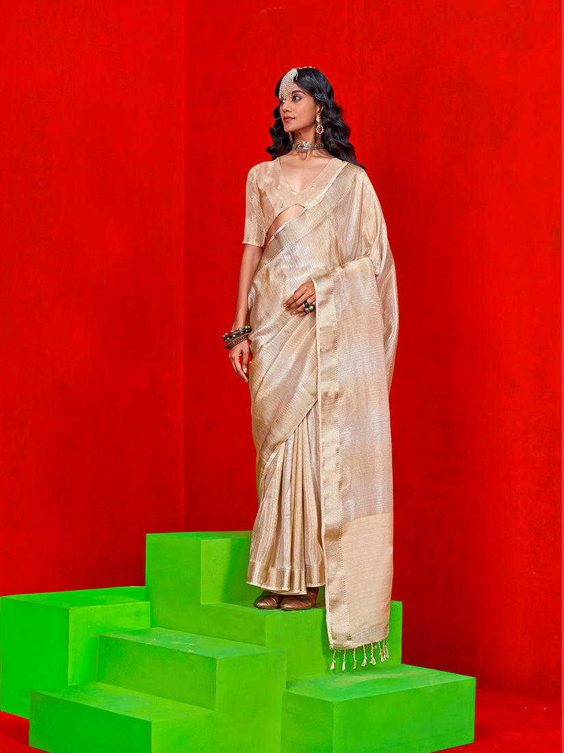 Monjolika Fashion Ivory Weaving Tissue Zari Classic Saree