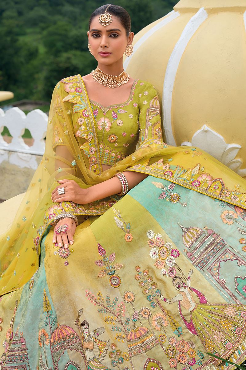Monjolika Fashion Designer Silk Multi Color Bridal Wear Khatli Work Readymade Lehenga Choli