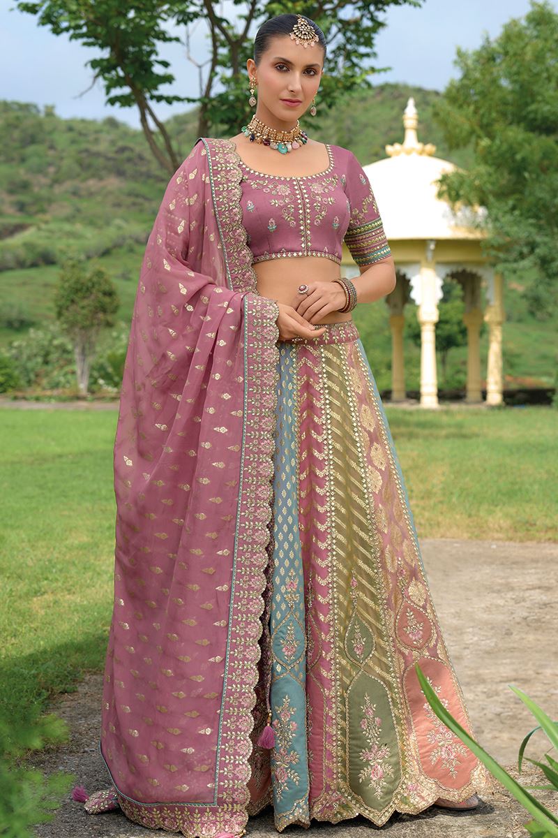 Monjolika Fashion Designer Silk Multi Color Bridal Wear Khatli Work Readymade Lehenga Choli