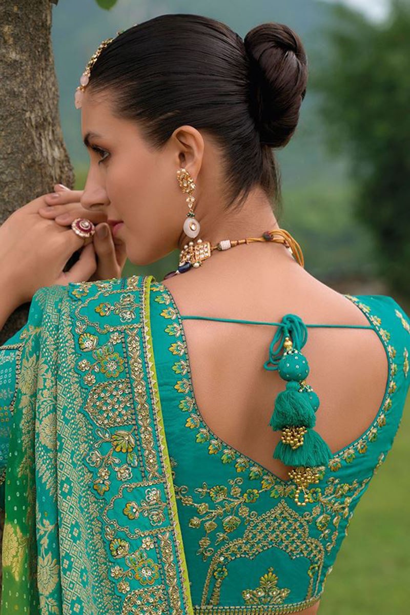 Monjolika Fashion Designer Silk Turquoise Color Bridal Wear Khatli Work Readymade Lehenga Choli