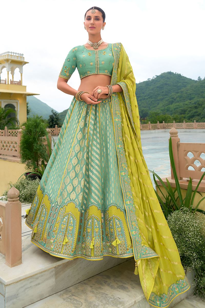 Monjolika Fashion Designer Silk Sea Green Color Bridal Wear Khatli Work Readymade Lehenga Choli