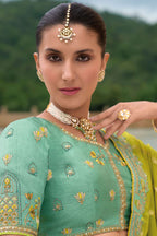 Monjolika Fashion Designer Silk Sea Green Color Bridal Wear Khatli Work Readymade Lehenga Choli