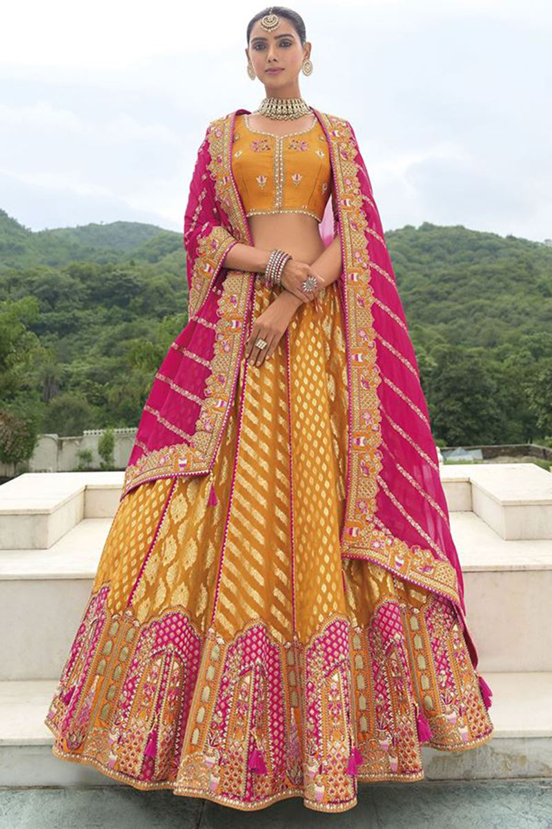 Monjolika Fashion Designer Silk Orange Color Bridal Wear Khatli Work Readymade Lehenga Choli