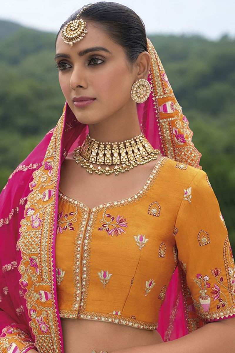 Monjolika Fashion Designer Silk Orange Color Bridal Wear Khatli Work Readymade Lehenga Choli