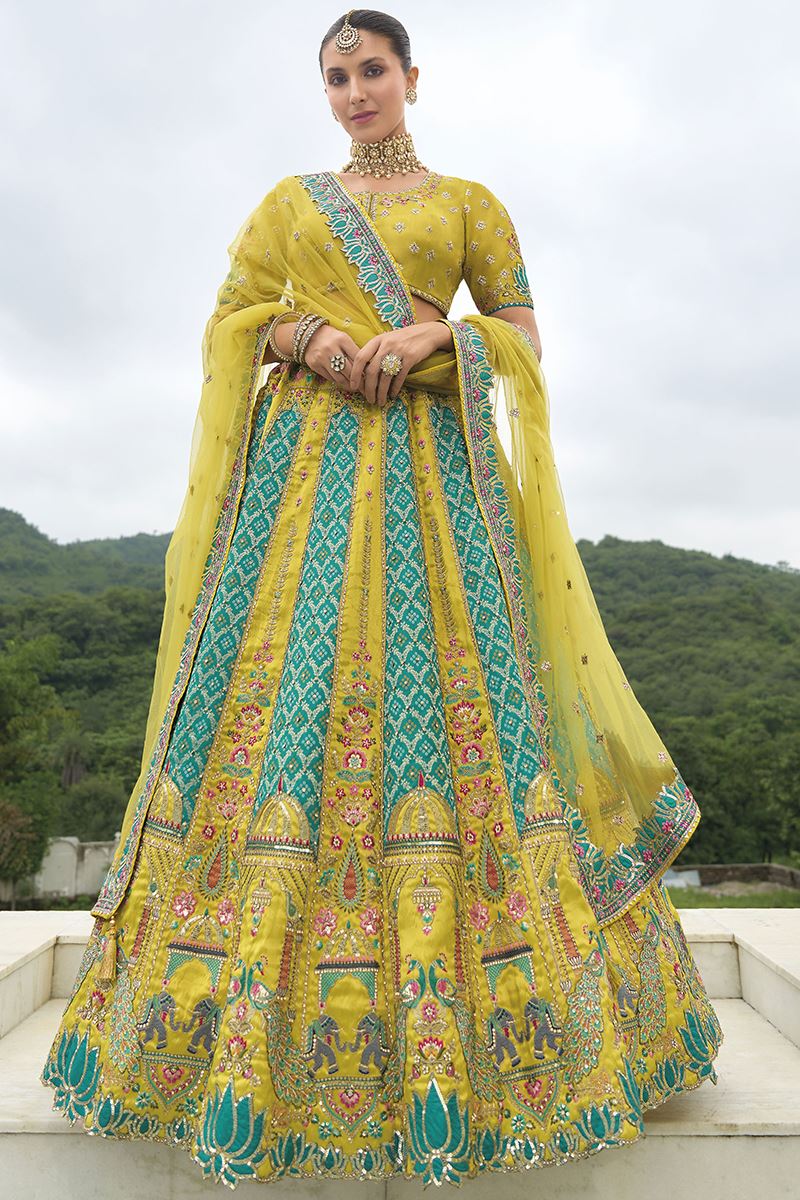Monjolika Fashion Designer Silk Parrot Green Color Bridal Wear Khatli Work Readymade Lehenga Choli