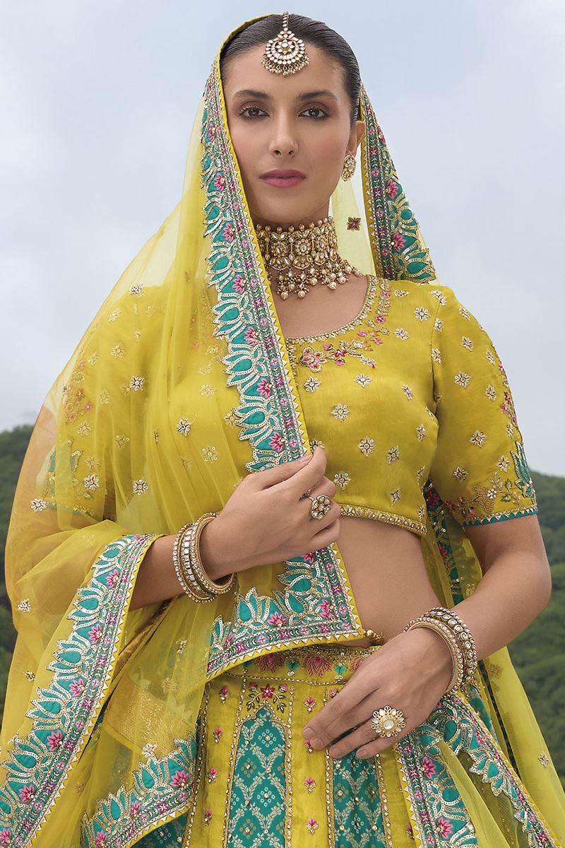 Monjolika Fashion Designer Silk Parrot Green Color Bridal Wear Khatli Work Readymade Lehenga Choli