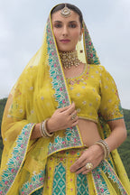 Monjolika Fashion Designer Silk Parrot Green Color Bridal Wear Khatli Work Readymade Lehenga Choli