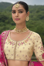 Monjolika Fashion Designer Silk Rani Pink and Cream Color Bridal Wear Khatli Work Readymade Lehenga Choli