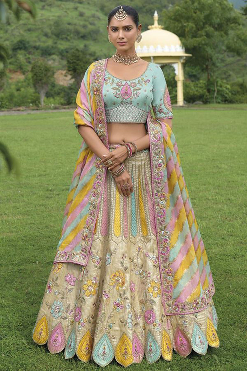 Monjolika Fashion Designer Silk Cream And Sky Blue Color Bridal Wear Khatli Work Readymade Lehenga Choli