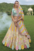 Monjolika Fashion Designer Silk Cream And Sky Blue Color Bridal Wear Khatli Work Readymade Lehenga Choli