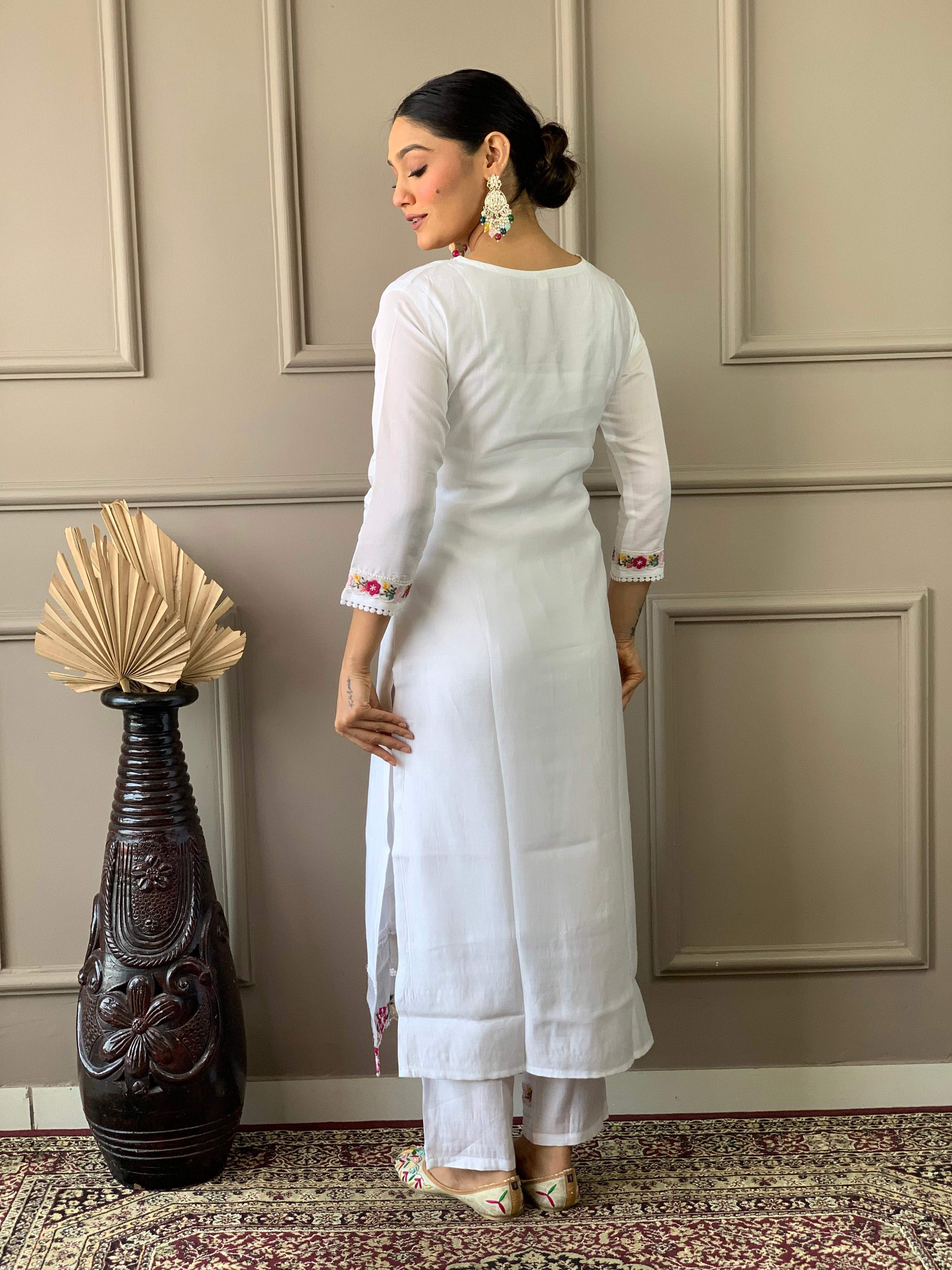 The52 White Woven Embroidered Chanderi Fabric Straight Kurta, Pant and Dupatta Set - Distacart