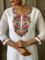 The52 White Woven Embroidered Chanderi Fabric Straight Kurta, Pant and Dupatta Set - Distacart
