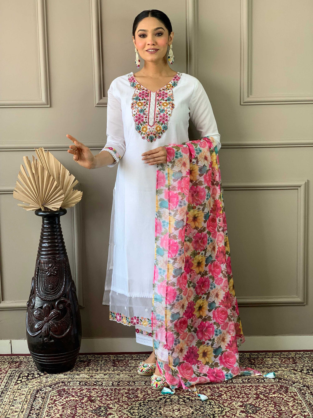 The52 White Woven Embroidered Chanderi Fabric Straight Kurta, Pant and Dupatta Set - Distacart