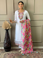 The52 White Woven Embroidered Chanderi Fabric Straight Kurta, Pant and Dupatta Set - Distacart