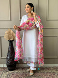 The52 White Woven Embroidered Chanderi Fabric Straight Kurta, Pant and Dupatta Set - Distacart