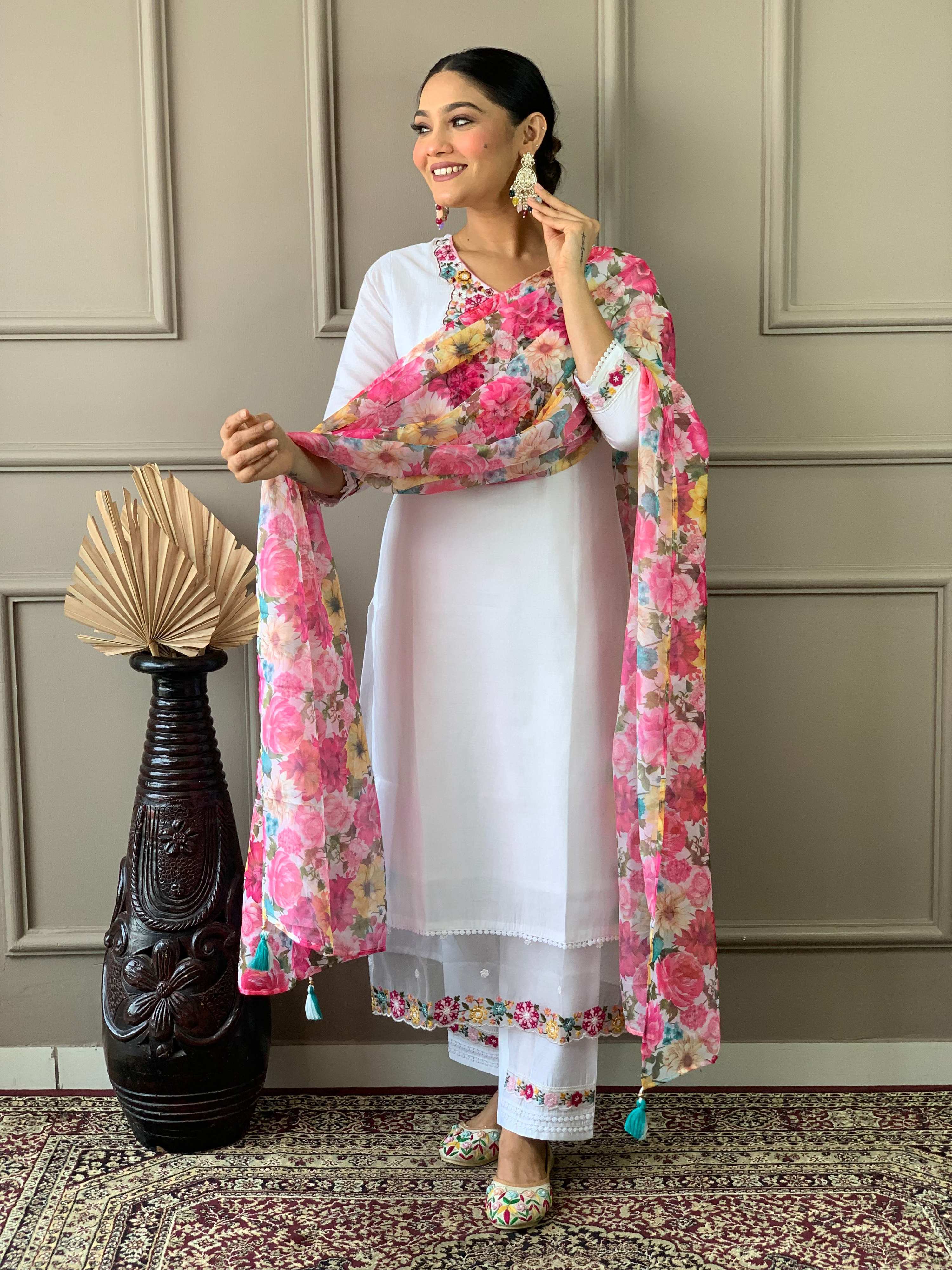 The52 White Woven Embroidered Chanderi Fabric Straight Kurta, Pant and Dupatta Set - Distacart