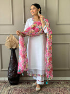 The52 White Woven Embroidered Chanderi Fabric Straight Kurta, Pant and Dupatta Set - Distacart