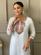 The52 White Woven Embroidered Chanderi Fabric Straight Kurta, Pant and Dupatta Set - Distacart