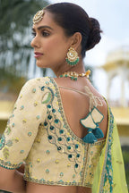 Monjolika Fashion Designer Silk Cream and Green Color Bridal Wear Khatli Work Readymade Lehenga Choli