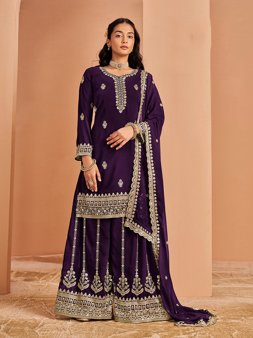 Monjolika Fashion Purple Color Embroidered Santoon Georgette Salwar Suit - Distacart