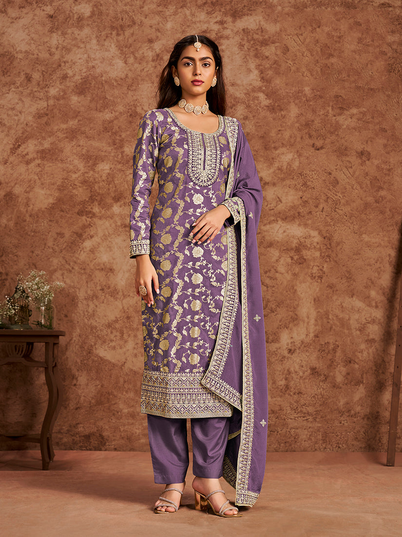 Monjolika Fashion Lavender Color Embroidered Santoon Silk Salwar Suit - Distacart
