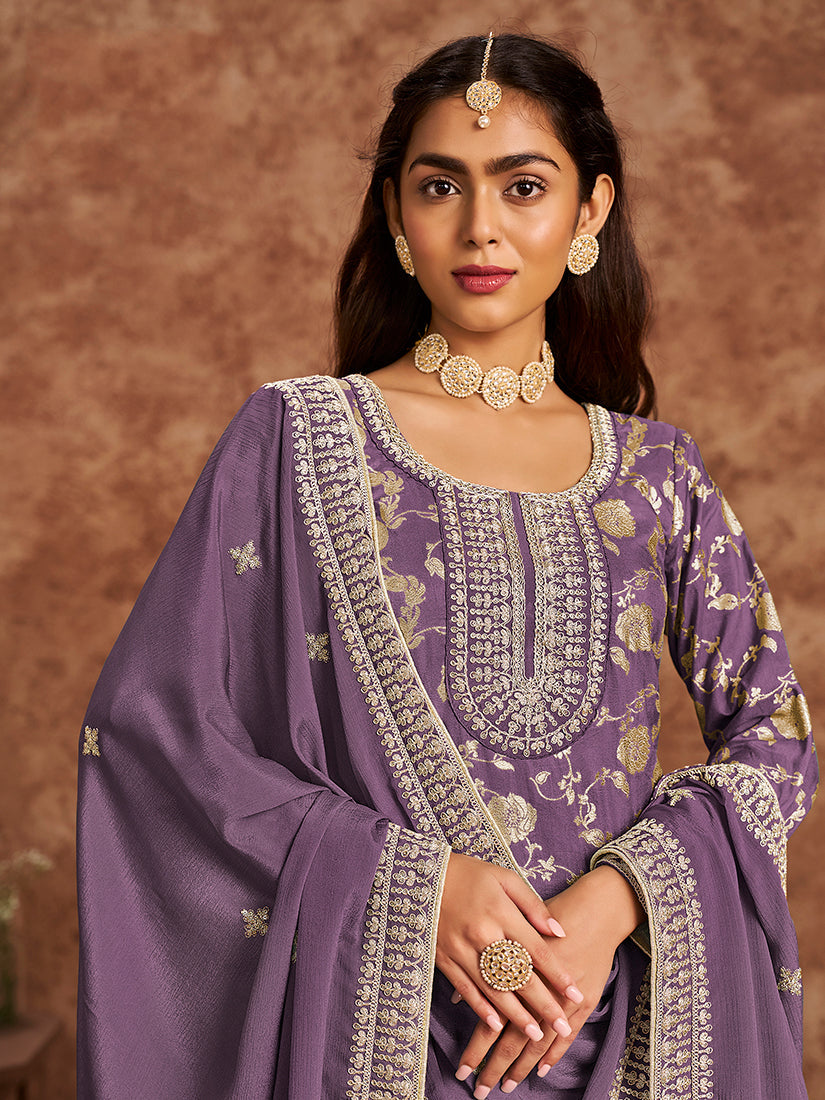 Monjolika Fashion Lavender Color Embroidered Santoon Silk Salwar Suit - Distacart