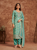 Monjolika Fashion Turquoise Color Embroidered Santoon Silk Salwar Suit - Distacart