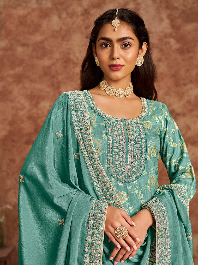 Monjolika Fashion Turquoise Color Embroidered Santoon Silk Salwar Suit - Distacart