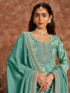 Monjolika Fashion Turquoise Color Embroidered Santoon Silk Salwar Suit - Distacart