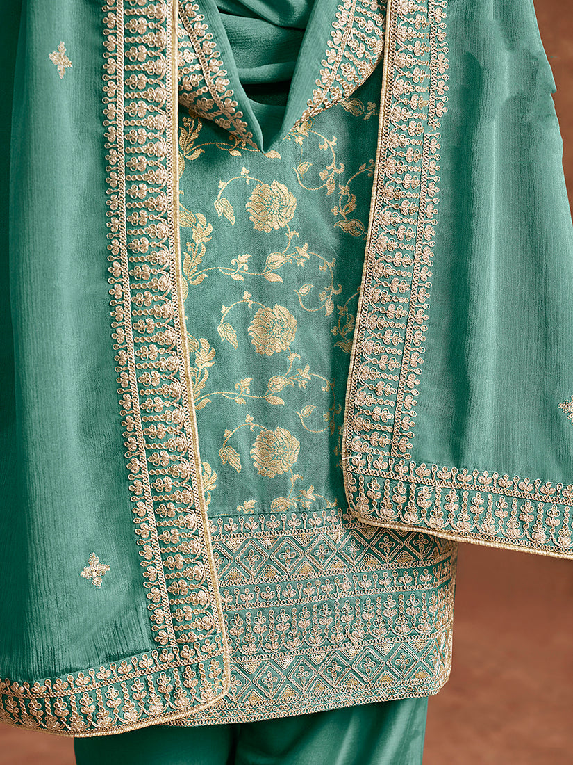 Monjolika Fashion Turquoise Color Embroidered Santoon Silk Salwar Suit - Distacart