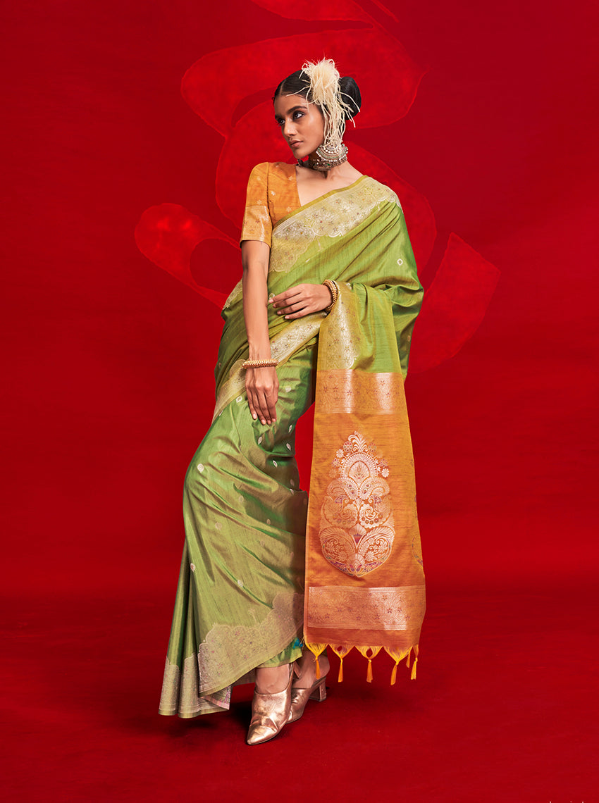 Monjolika Fashion Green Color Weaving Silk Traditional Saree For Classic Look - Distacart