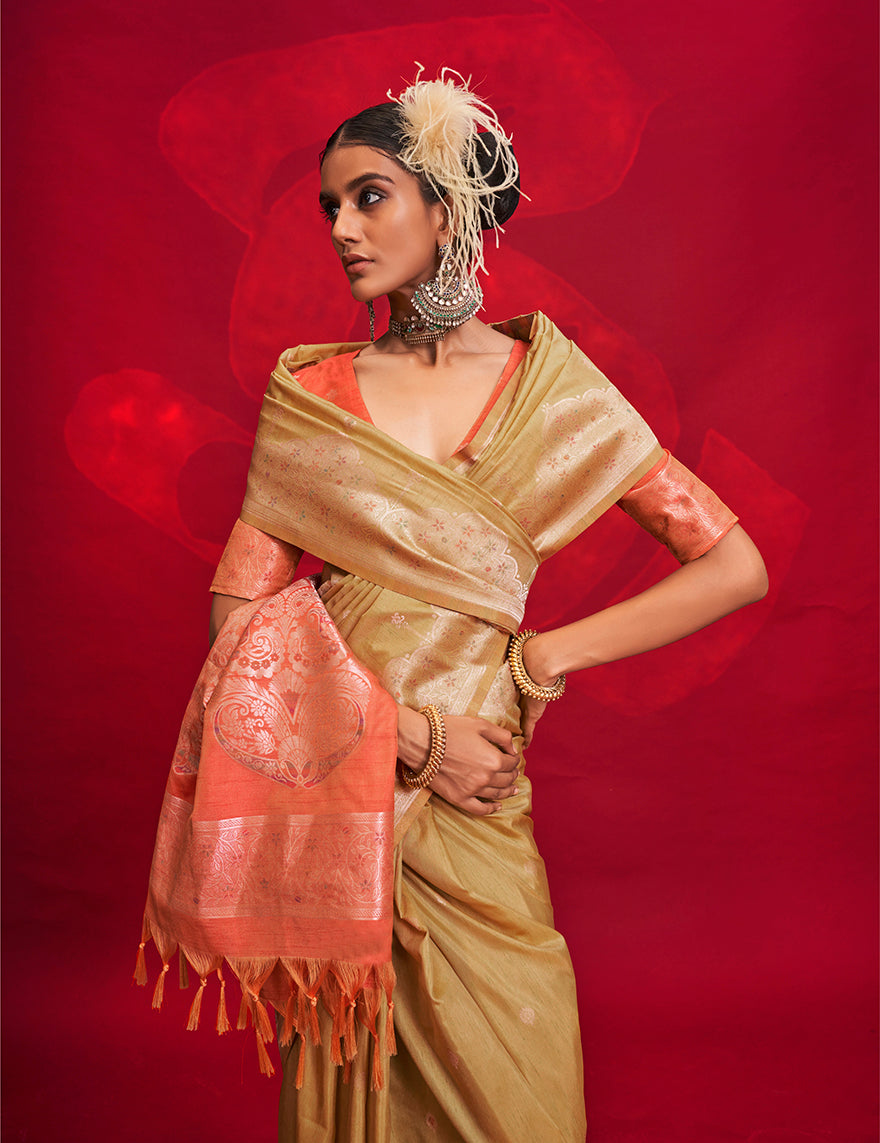 Monjolika Fashion Beige Color Weaving Silk Traditional Saree For Classic Look - Distacart