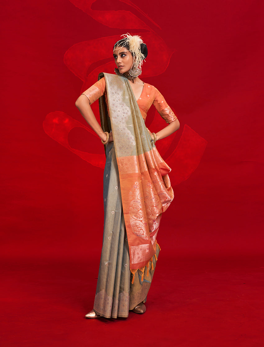 Monjolika Fashion Gray Color Weaving Silk Traditional Saree For Classic Look - Distacart