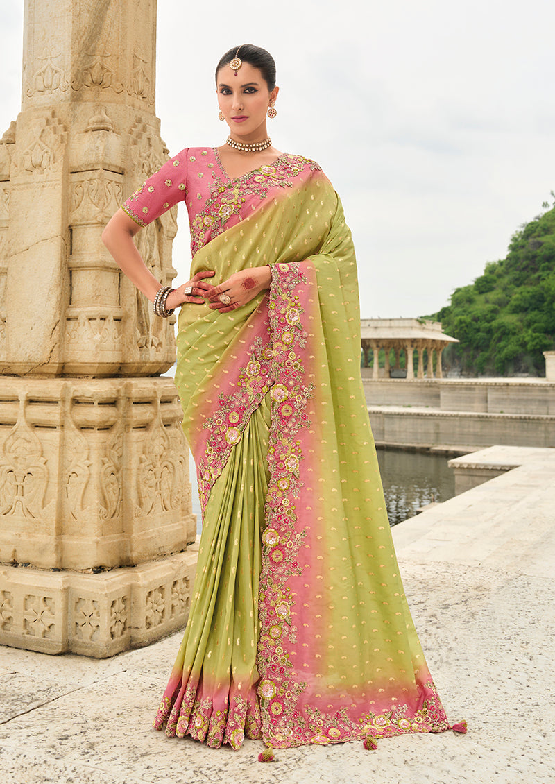 Monjolika Fashion Light Olive Green Viscose Tissue Silk Saree With Embroidery & Cutwork Border