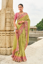 Monjolika Fashion Light Olive Green Viscose Tissue Silk Saree With Embroidery & Cutwork Border