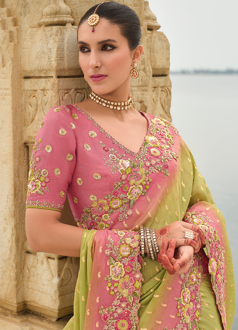 Monjolika Fashion Light Olive Green Viscose Tissue Silk Saree With Embroidery & Cutwork Border