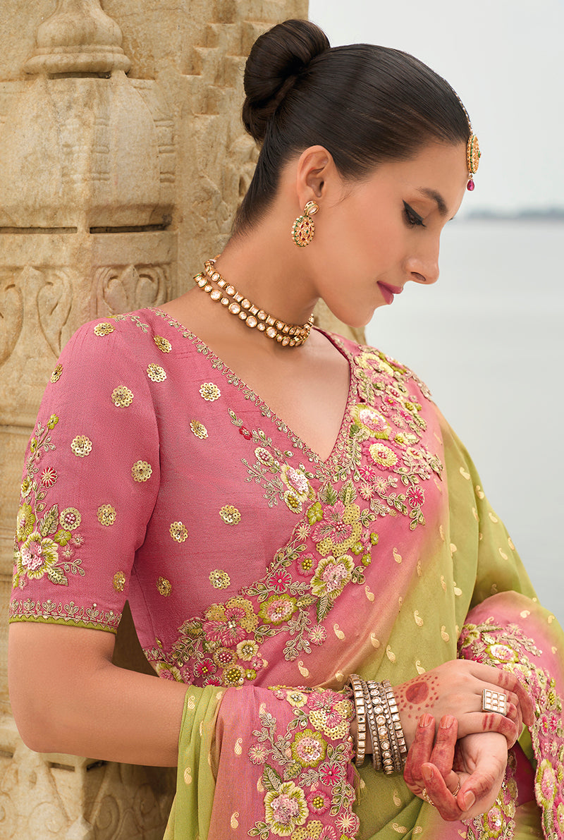 Monjolika Fashion Light Olive Green Viscose Tissue Silk Saree With Embroidery & Cutwork Border