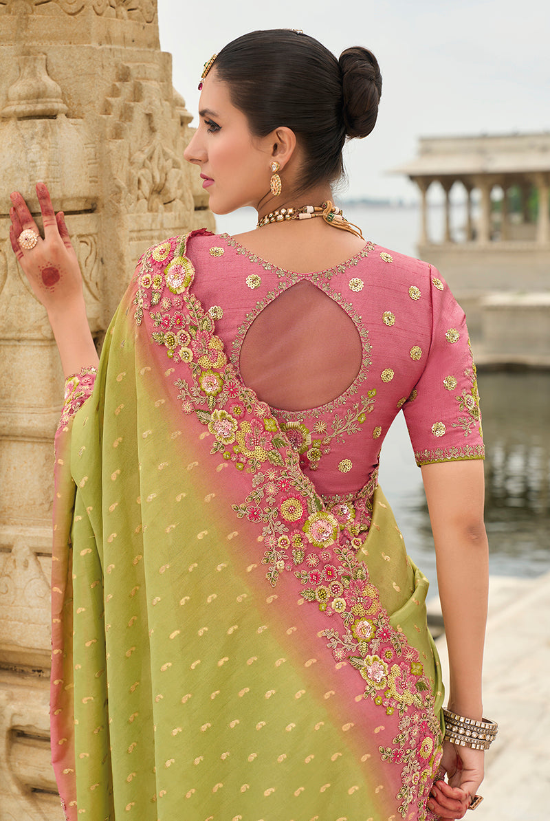 Monjolika Fashion Light Olive Green Viscose Tissue Silk Saree With Embroidery & Cutwork Border