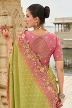 Monjolika Fashion Light Olive Green Viscose Tissue Silk Saree With Embroidery & Cutwork Border