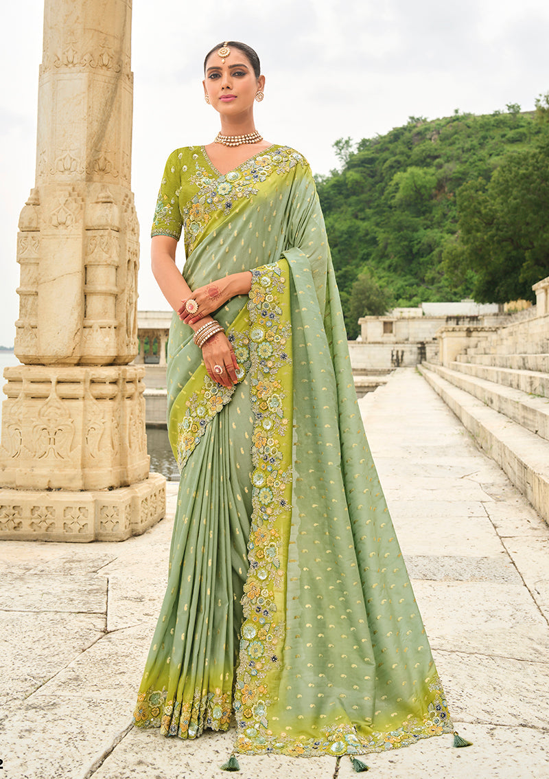 Monjolika Fashion Pistachio Viscose Tissue Silk Saree With Embroidery & Cutwork Border