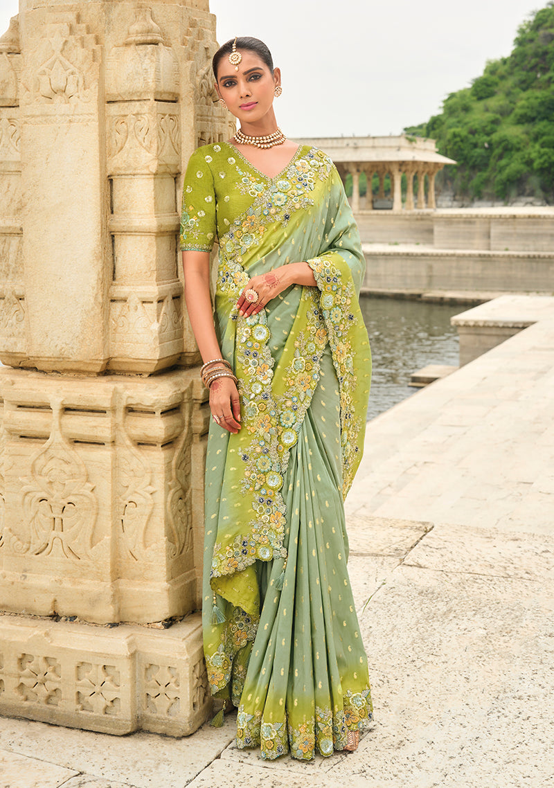 Monjolika Fashion Pistachio Viscose Tissue Silk Saree With Embroidery & Cutwork Border