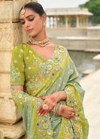 Monjolika Fashion Pistachio Viscose Tissue Silk Saree With Embroidery & Cutwork Border
