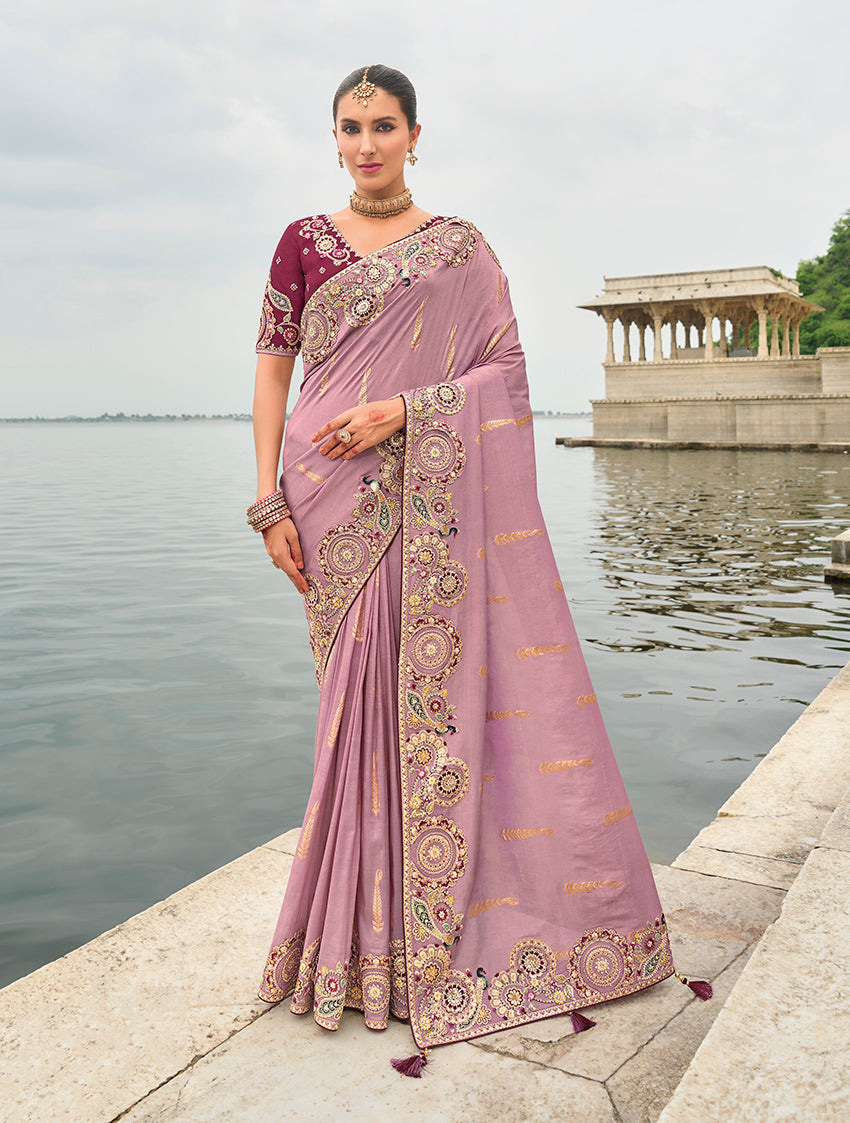 Monjolika Fashion Mauve Viscose Tissue Silk Saree With Embroidery & Cutwork Border