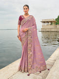 Monjolika Fashion Mauve Viscose Tissue Silk Saree With Embroidery & Cutwork Border