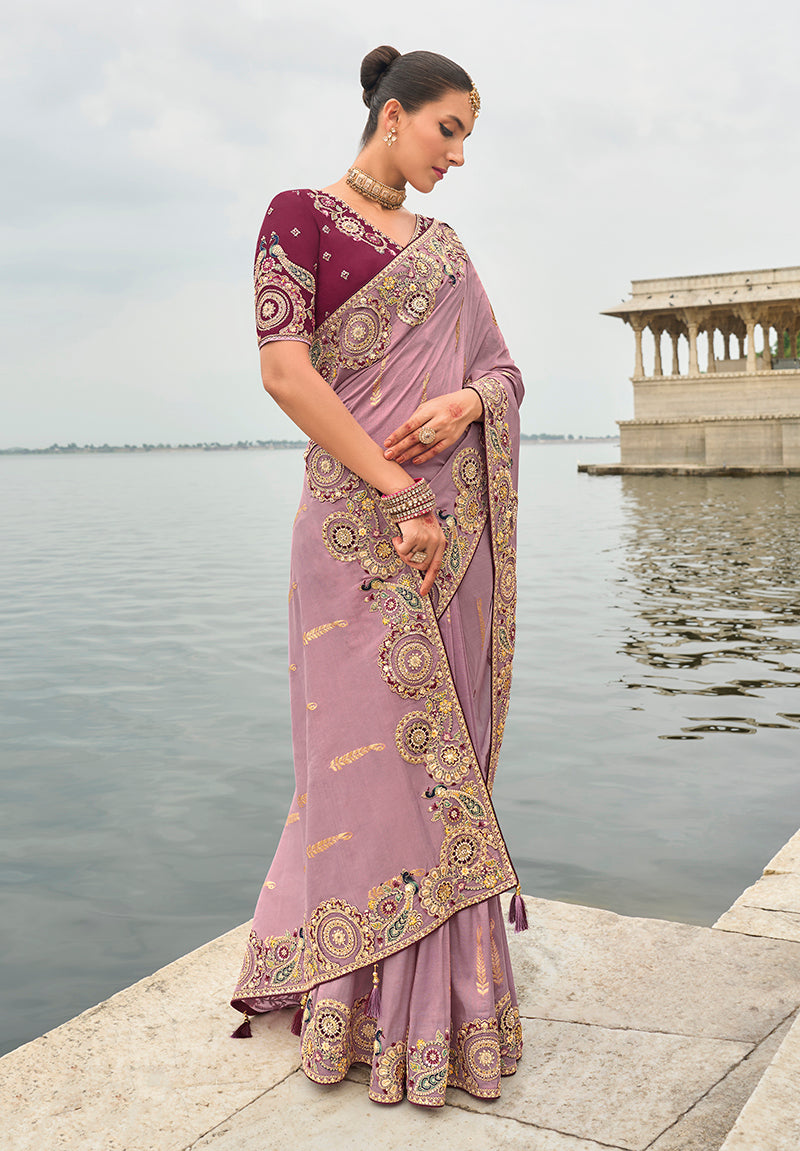 Monjolika Fashion Mauve Viscose Tissue Silk Saree With Embroidery & Cutwork Border