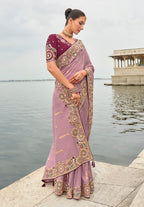 Monjolika Fashion Mauve Viscose Tissue Silk Saree With Embroidery & Cutwork Border